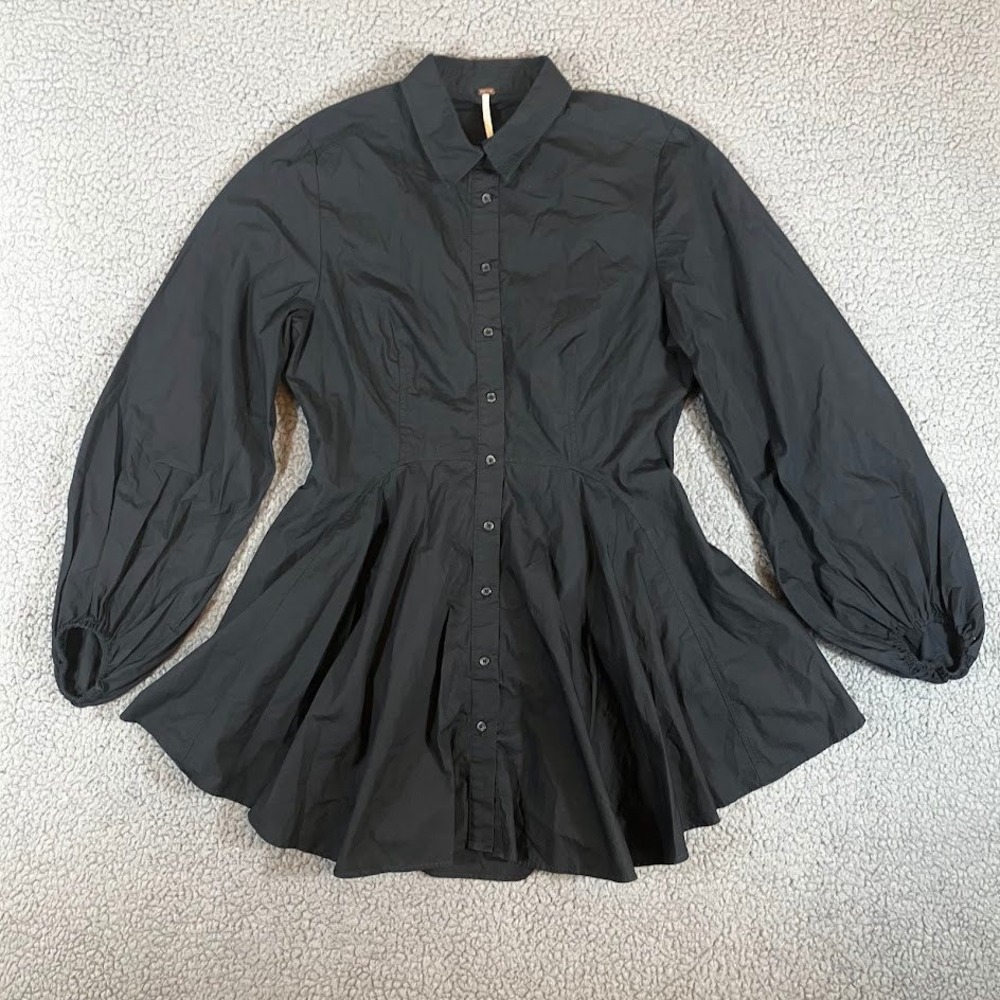 Free People Black Balloon Sleeve Peplum Button Down Mini Dress Tunic Medium